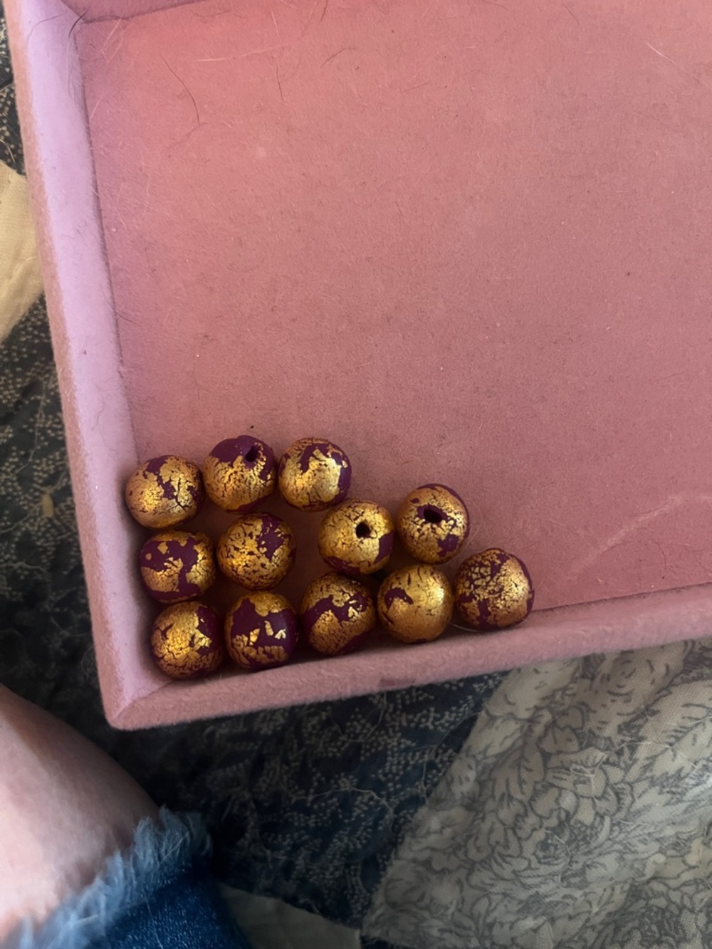 12 Clay Hand Crafted Gold and Purple Beads